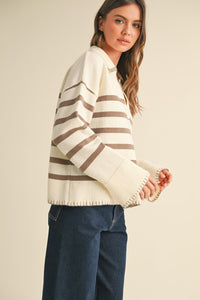 Mocha Stripe Collard Sweater with Stitch Bell Sleeve