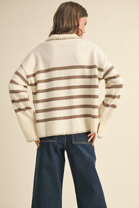 Mocha Stripe Collard Sweater with Stitch Bell Sleeve