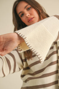 Mocha Stripe Collard Sweater with Stitch Bell Sleeve