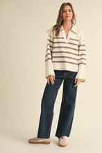 Mocha Stripe Collard Sweater with Stitch Bell Sleeve