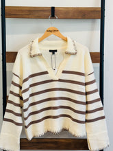 Mocha Stripe Collard Sweater with Stitch Bell Sleeve