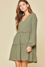 Women's Olive Mini Tiered Long Sleeve Dress