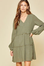 Women's Olive Mini Tiered Long Sleeve Dress